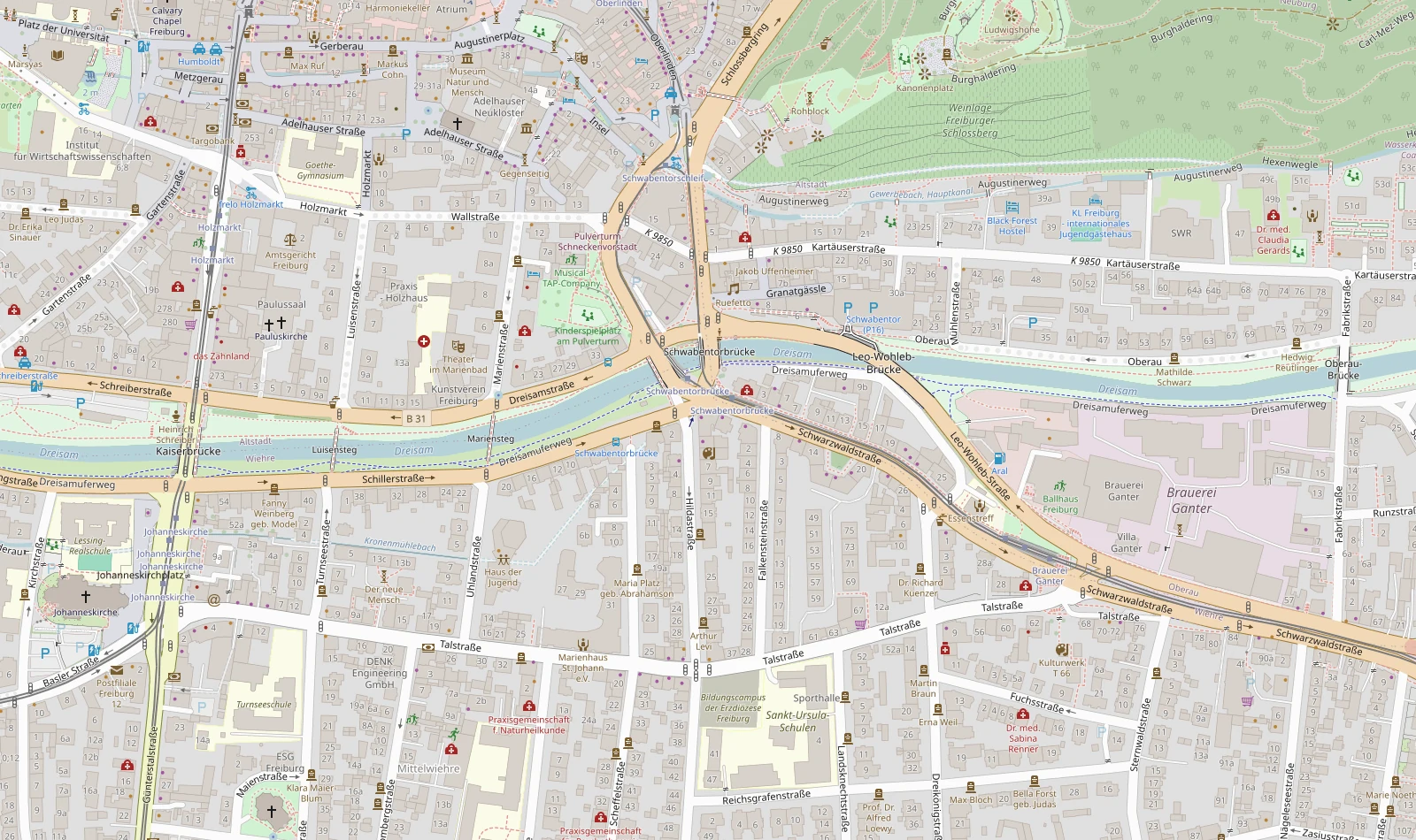 Kartenansicht von Freiburg-Wiehre rund um die Schwarzwaldstraße 2